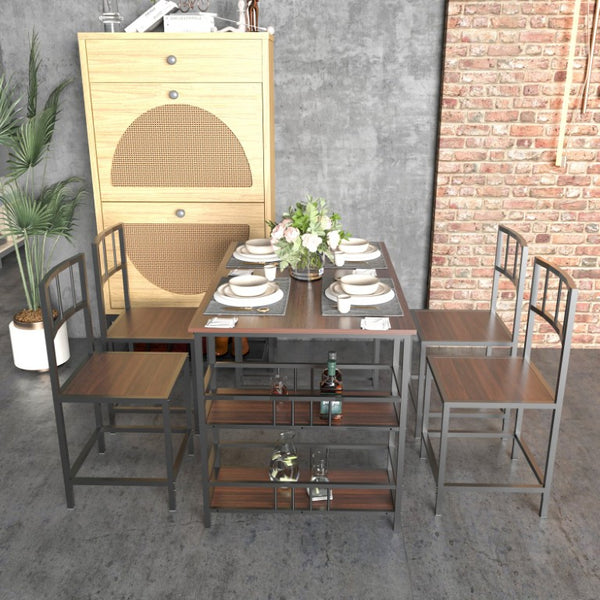 English Elm 5 Piece Industrial Dining Set with Built-In Shelving Dark Wood Grain Matte Black Frame W3064P536657