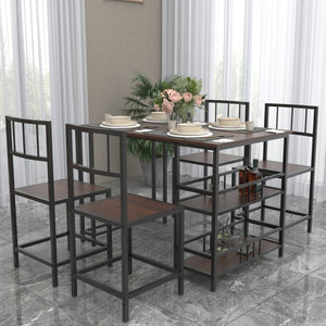 English Elm 5 Piece Industrial Dining Set with Built-In Shelving Dark Wood Grain Matte Black Frame W3064P536657