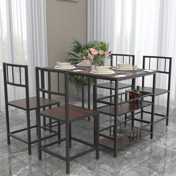 English Elm 5 Piece Industrial Dining Set with Built-In Shelving Dark Wood Grain Matte Black Frame W3064P536657