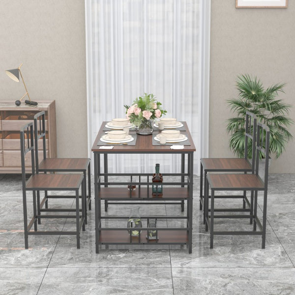 English Elm 5 Piece Industrial Dining Set with Built-In Shelving Dark Wood Grain Matte Black Frame W3064P536657
