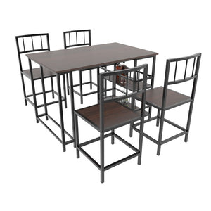 English Elm 5 Piece Industrial Dining Set with Built-In Shelving Dark Wood Grain Matte Black Frame W3064P536657