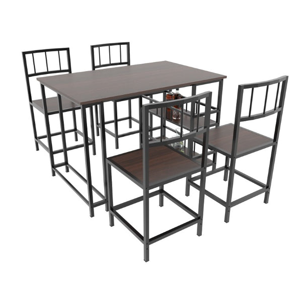 English Elm 5 Piece Industrial Dining Set with Built-In Shelving Dark Wood Grain Matte Black Frame W3064P536657