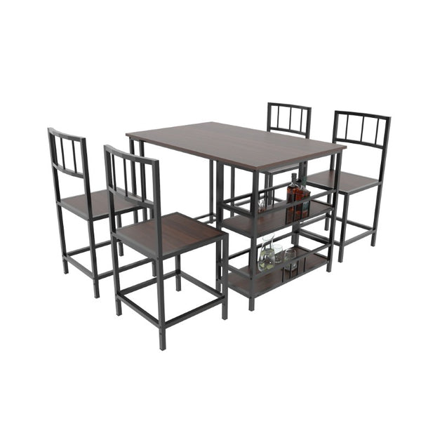 English Elm 5 Piece Industrial Dining Set with Built-In Shelving Dark Wood Grain Matte Black Frame W3064P536657