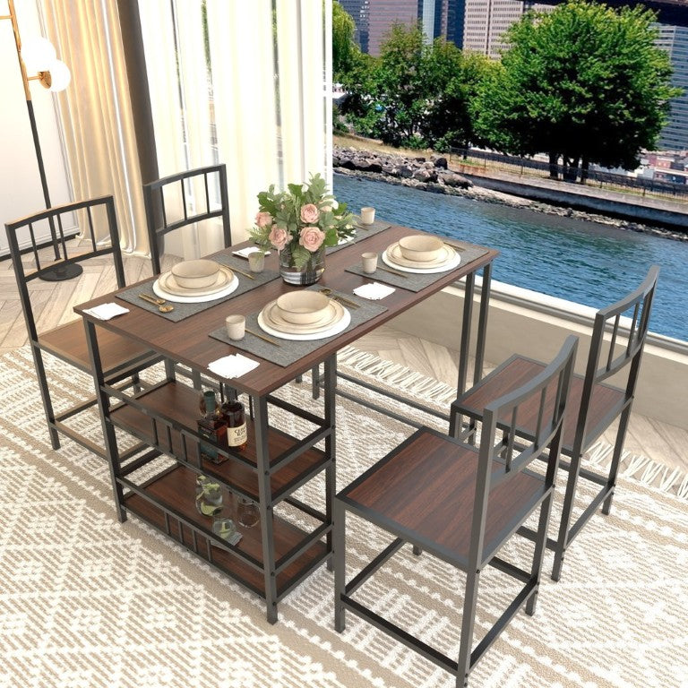 English Elm 5 Piece Industrial Dining Set with Built-In Shelving Dark Wood Grain Matte Black Frame W3064P536657
