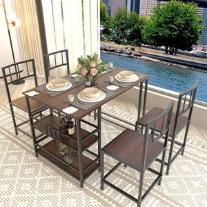 English Elm 5 Piece Industrial Dining Set with Built-In Shelving Dark Wood Grain Matte Black Frame W3064P536657