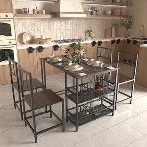 English Elm 5 Piece Industrial Dining Set with Built-In Shelving Dark Wood Grain Matte Black Frame W3064P536657