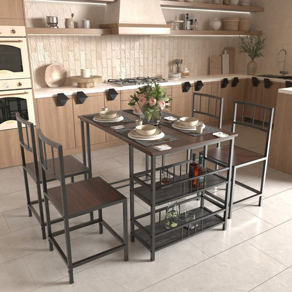 English Elm 5 Piece Industrial Dining Set with Built-In Shelving Dark Wood Grain Matte Black Frame W3064P536657