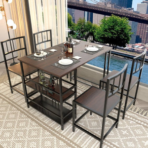 English Elm 5 Piece Industrial Dining Set with Built-In Shelving Dark Wood Grain Matte Black Frame W3064P536657