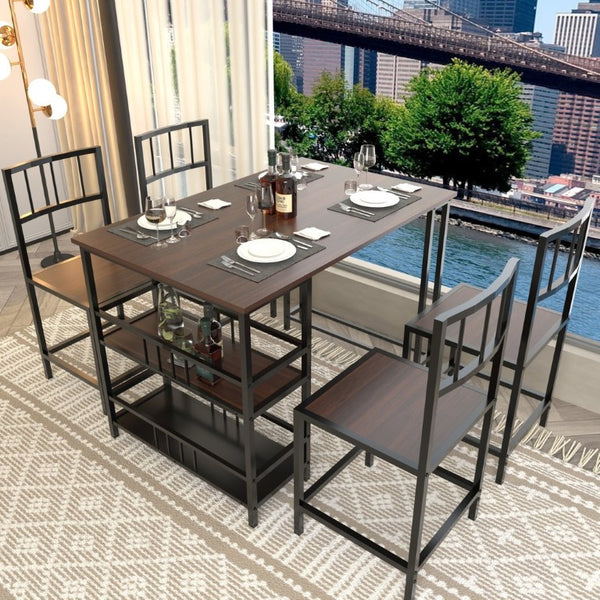 English Elm 5 Piece Industrial Dining Set with Built-In Shelving Dark Wood Grain Matte Black Frame W3064P536657