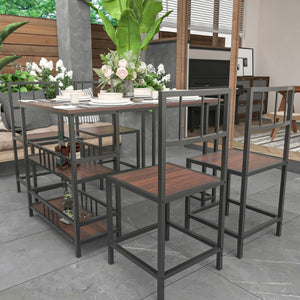 English Elm 5 Piece Industrial Dining Set with Built-In Shelving Dark Wood Grain Matte Black Frame W3064P536657