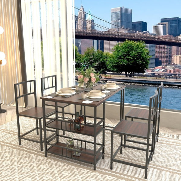 English Elm 5 Piece Industrial Dining Set with Built-In Shelving Dark Wood Grain Matte Black Frame W3064P536657