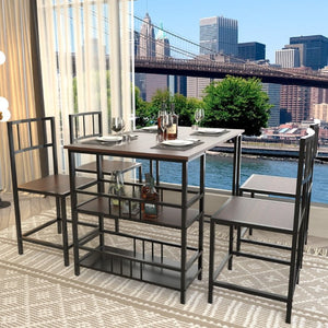 English Elm 5 Piece Industrial Dining Set with Built-In Shelving Dark Wood Grain Matte Black Frame W3064P536657