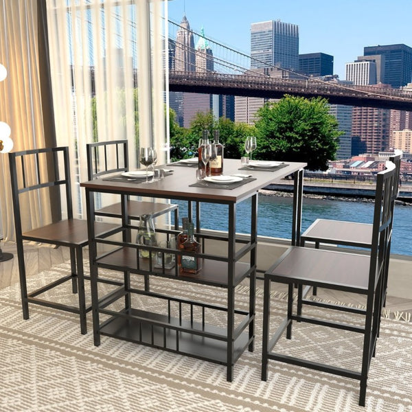 English Elm 5 Piece Industrial Dining Set with Built-In Shelving Dark Wood Grain Matte Black Frame W3064P536657