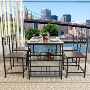 English Elm 5 Piece Industrial Dining Set with Built-In Shelving Dark Wood Grain Matte Black Frame W3064P536657