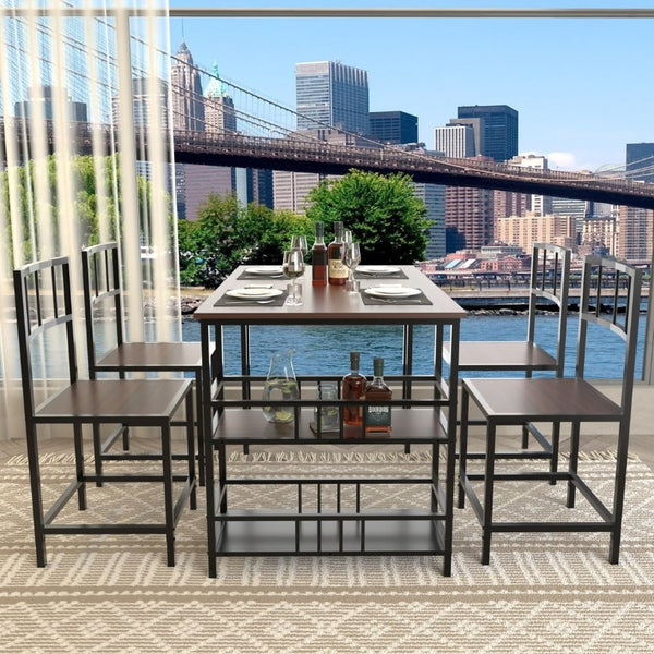 English Elm 5 Piece Industrial Dining Set with Built-In Shelving Dark Wood Grain Matte Black Frame W3064P536657