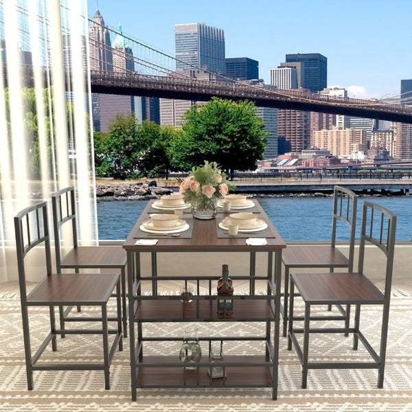 English Elm 5 Piece Industrial Dining Set with Built-In Shelving Dark Wood Grain Matte Black Frame W3064P536657