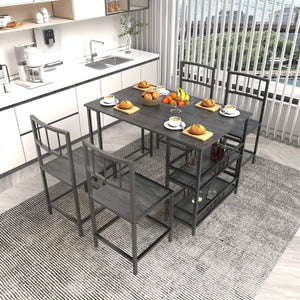 English Elm 5 Piece Industrial Dining Set with Built-In Storage Shelves Wood Grain Matte Black Frame W3064P536658