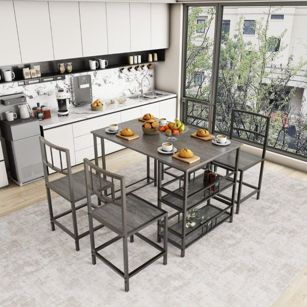 English Elm 5 Piece Industrial Dining Set with Built-In Storage Shelves Wood Grain Matte Black Frame W3064P536658