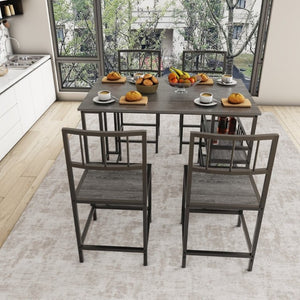 English Elm 5 Piece Industrial Dining Set with Built-In Storage Shelves Wood Grain Matte Black Frame W3064P536658