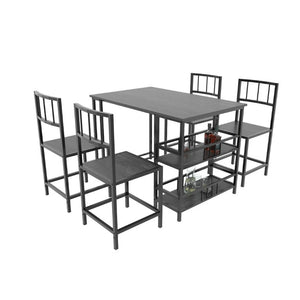 English Elm 5 Piece Industrial Dining Set with Built-In Storage Shelves Wood Grain Matte Black Frame W3064P536658
