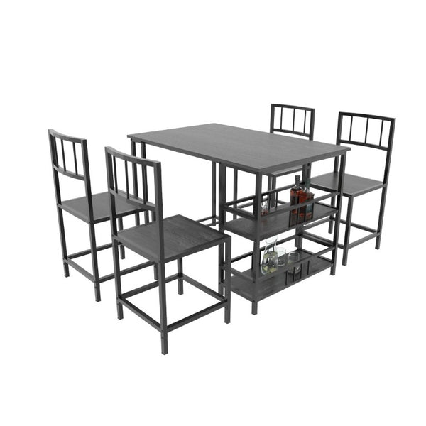 English Elm 5 Piece Industrial Dining Set with Built-In Storage Shelves Wood Grain Matte Black Frame W3064P536658