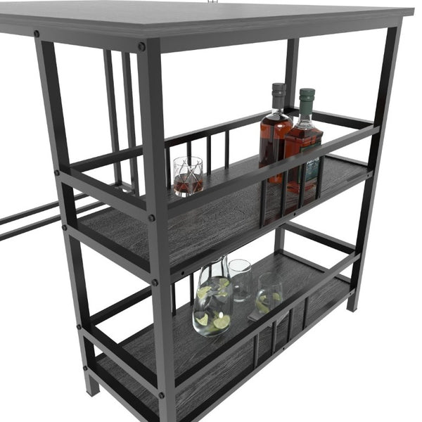 English Elm 5 Piece Industrial Dining Set with Built-In Storage Shelves Wood Grain Matte Black Frame W3064P536658