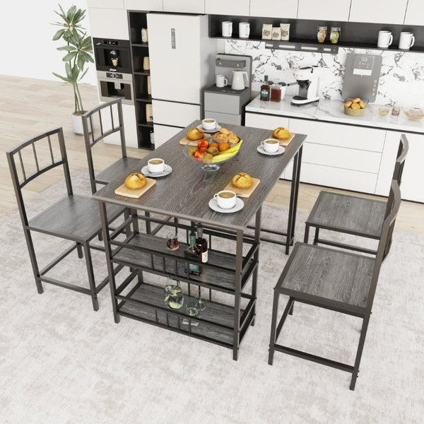 English Elm 5 Piece Industrial Dining Set with Built-In Storage Shelves Wood Grain Matte Black Frame W3064P536658