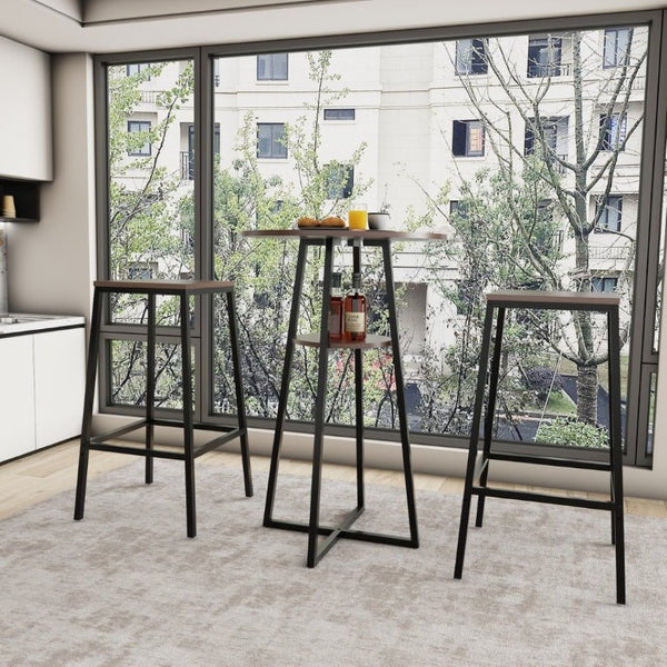 English Elm 3 Piece Industrial Bistro Set Round Counter Table Two Backless Stools Matte Black Frame W3064P536665