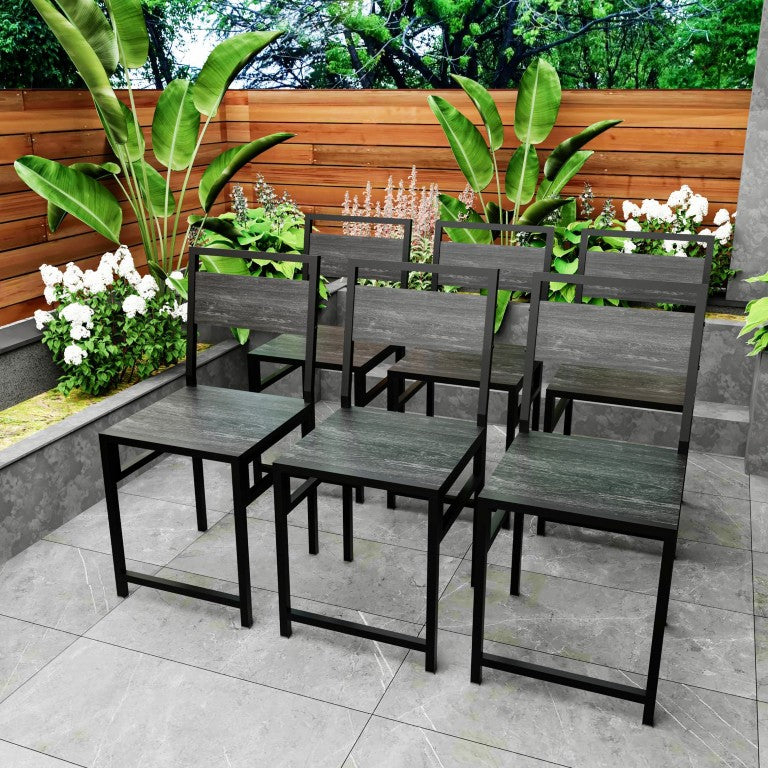 English Elm Set of 6 Industrial Dining Chairs with Wood Grain Panels and Powder Coated Frame W3064P536712