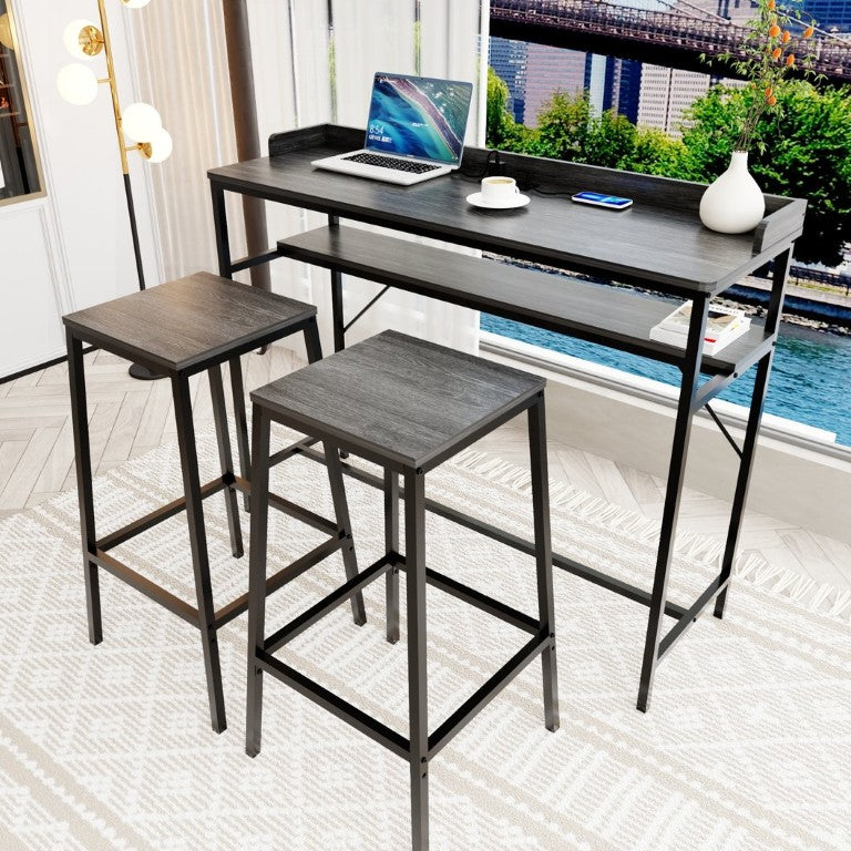 English Elm Counter Height Pub Table Set with Power Outlet USB Ports and Two Industrial Stools W3064P552408