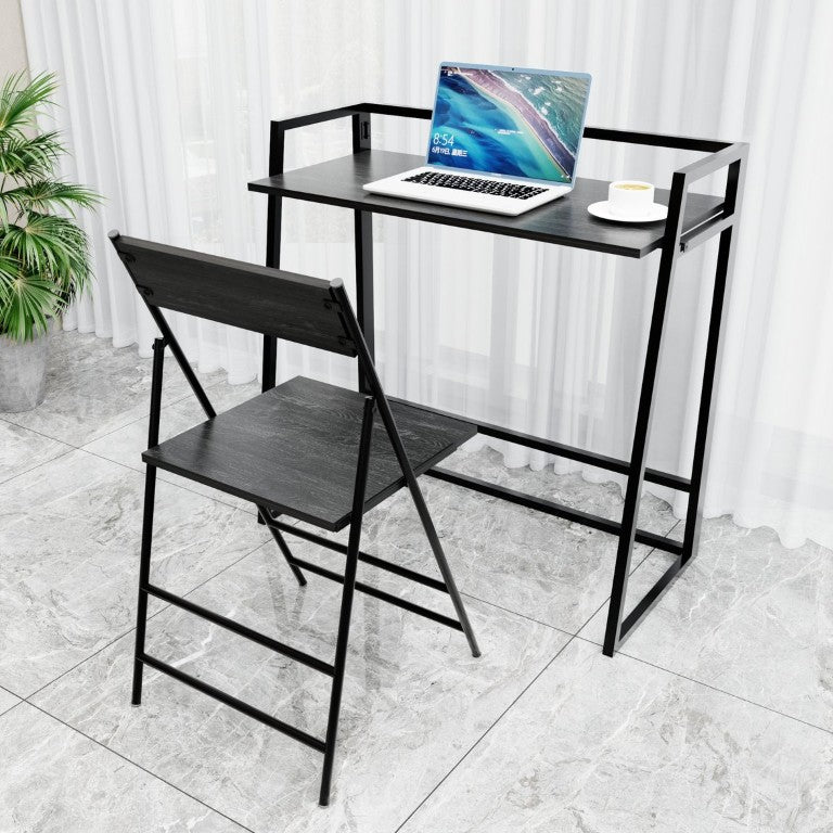 English Elm Folding Desk and Chair Set Matte Black Metal Frame Space Saving Home Office Workstation W3064P566905