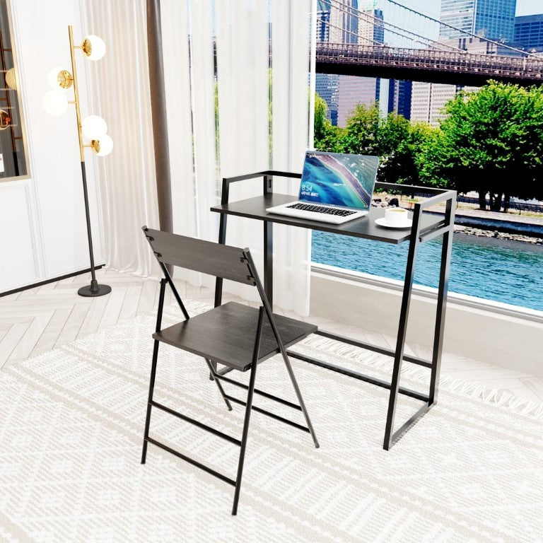 English Elm Folding Desk and Chair Set Matte Black Metal Frame Space Saving Home Office Workstation W3064P566905