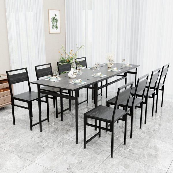 English Elm 8 Piece Extendable Dining Set with Wood Grain Tabletop and Metal Frame for Modern Homes W3064S00007