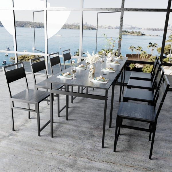 English Elm 8 Piece Extendable Dining Set with Wood Grain Tabletop and Metal Frame for Modern Homes W3064S00007