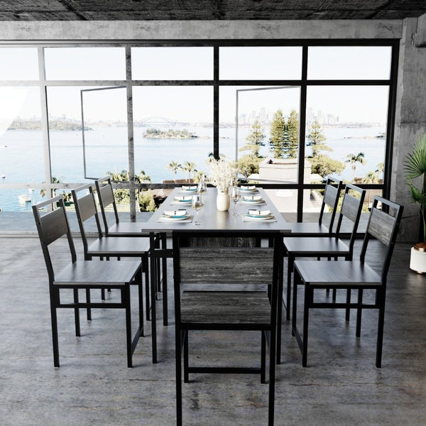 English Elm 8 Piece Extendable Dining Set with Wood Grain Tabletop and Metal Frame for Modern Homes W3064S00007
