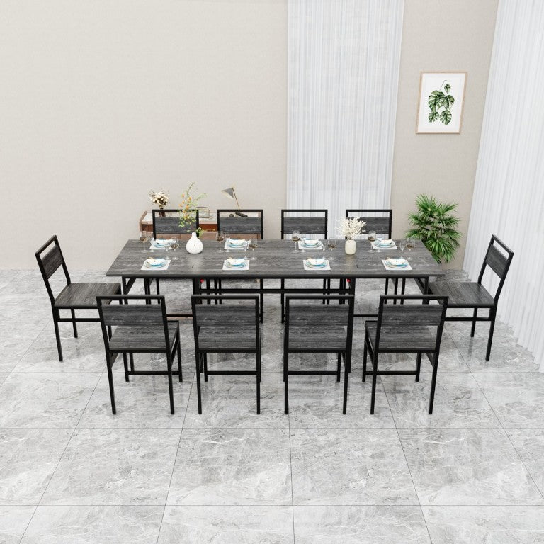 English Elm 10 Piece Extendable Rectangular Dining Set with Foldable Panels Iron Frame Wood Grain W3064S00008