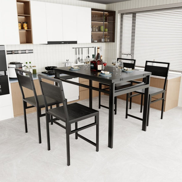 English Elm 4 Piece Extendable Dining Set with Wood Grain Top Metal Frame Modern Apartment Kitchen W3064S00010