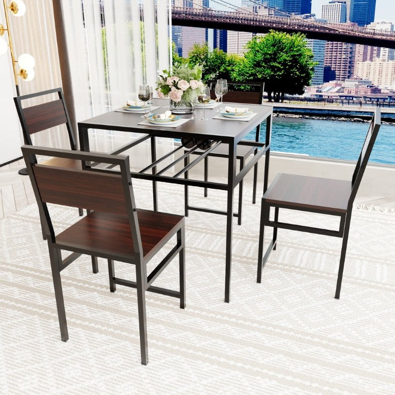English Elm 4 Piece Industrial Dining Set Walnut Grain Tabletop Black Iron Frame Seats Four W3064S00011