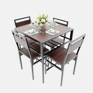 English Elm 4 Piece Industrial Dining Set Walnut Grain Tabletop Black Iron Frame Seats Four W3064S00011