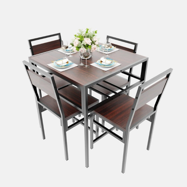 English Elm 4 Piece Industrial Dining Set Walnut Grain Tabletop Black Iron Frame Seats Four W3064S00011