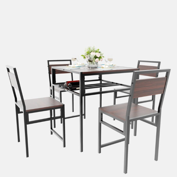 English Elm 4 Piece Industrial Dining Set Walnut Grain Tabletop Black Iron Frame Seats Four W3064S00011
