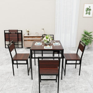 English Elm 4 Piece Industrial Dining Set Walnut Grain Tabletop Black Iron Frame Seats Four W3064S00011