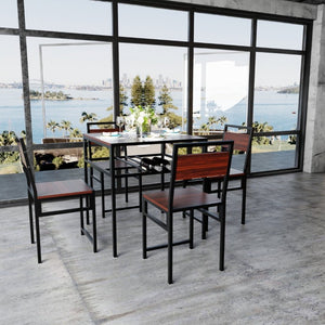 English Elm 4 Piece Industrial Dining Set Walnut Grain Tabletop Black Iron Frame Seats Four W3064S00011