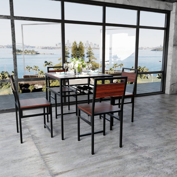 English Elm 4 Piece Industrial Dining Set Walnut Grain Tabletop Black Iron Frame Seats Four W3064S00011