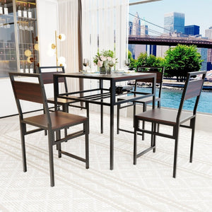 English Elm 4 Piece Industrial Dining Set Walnut Grain Tabletop Black Iron Frame Seats Four W3064S00011