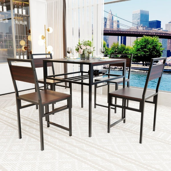 English Elm 4 Piece Industrial Dining Set Walnut Grain Tabletop Black Iron Frame Seats Four W3064S00011