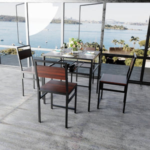 English Elm 4 Piece Industrial Dining Set Walnut Grain Tabletop Black Iron Frame Seats Four W3064S00011