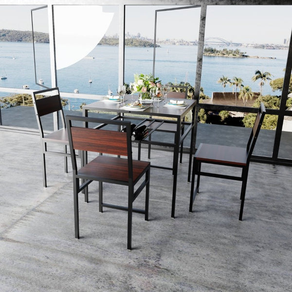 English Elm 4 Piece Industrial Dining Set Walnut Grain Tabletop Black Iron Frame Seats Four W3064S00011