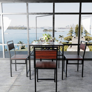 English Elm 4 Piece Industrial Dining Set Walnut Grain Tabletop Black Iron Frame Seats Four W3064S00011