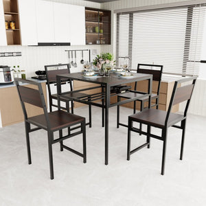English Elm 4 Piece Industrial Dining Set Walnut Grain Tabletop Black Iron Frame Seats Four W3064S00011